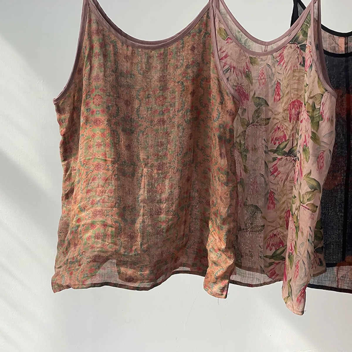 Womens Ramie Camisole Cami Floral Printed Strappy Slip Tops T-Shirt Blouse Tank Shirt