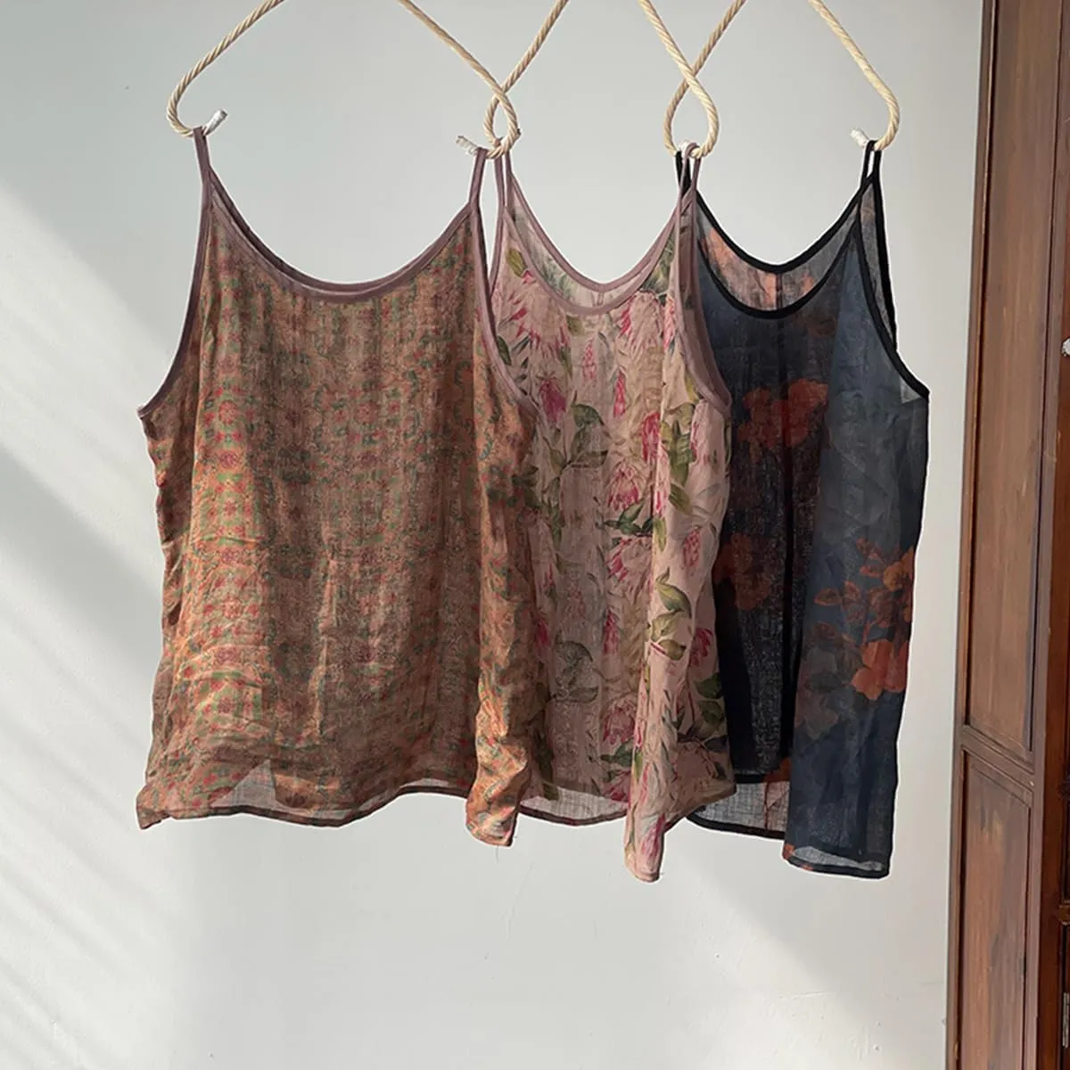 Womens Ramie Camisole Cami Floral Printed Strappy Slip Tops T-Shirt Blouse Tank Shirt