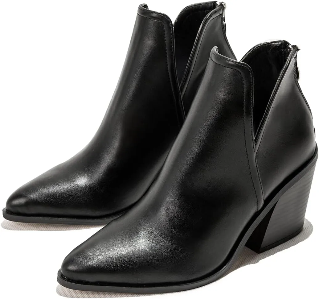 Women's Retro Elastic Chelsea Ankle Boots Chunky Heel Pointed Toe Fall Winter Booties Faux Leather Zipper Short Boot Party Work Jeans Dress Shoes