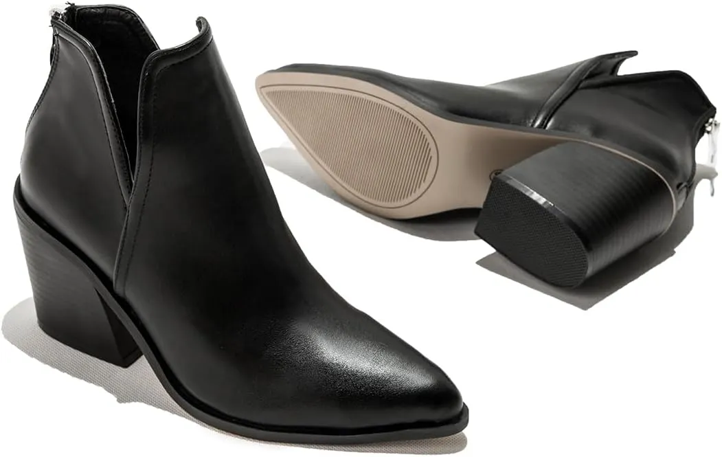 Women's Retro Elastic Chelsea Ankle Boots Chunky Heel Pointed Toe Fall Winter Booties Faux Leather Zipper Short Boot Party Work Jeans Dress Shoes