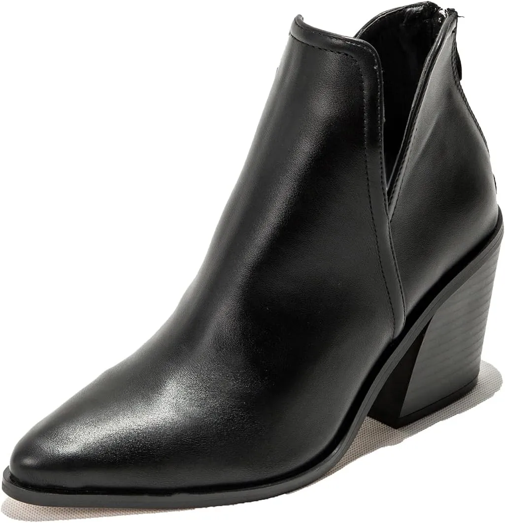 Women's Retro Elastic Chelsea Ankle Boots Chunky Heel Pointed Toe Fall Winter Booties Faux Leather Zipper Short Boot Party Work Jeans Dress Shoes
