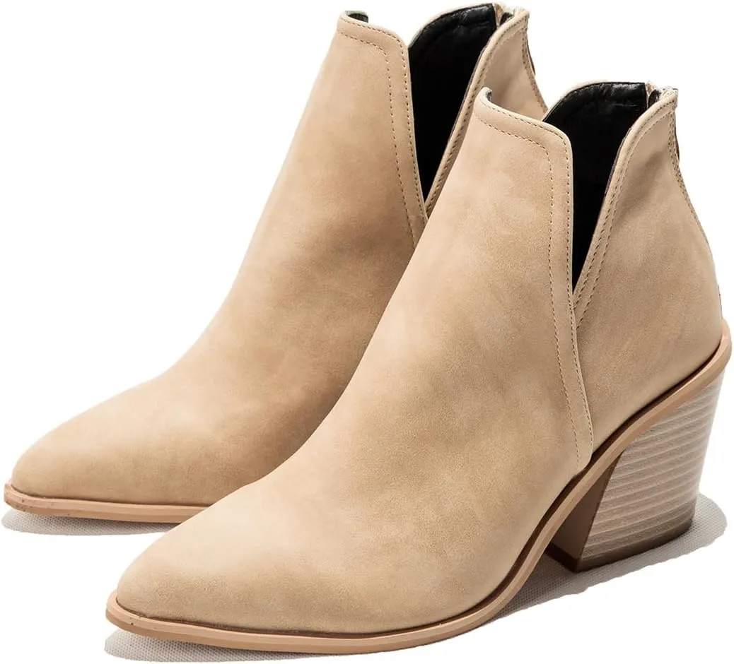 Women's Retro Elastic Chelsea Ankle Boots Chunky Heel Pointed Toe Fall Winter Booties Faux Leather Zipper Short Boot Party Work Jeans Dress Shoes