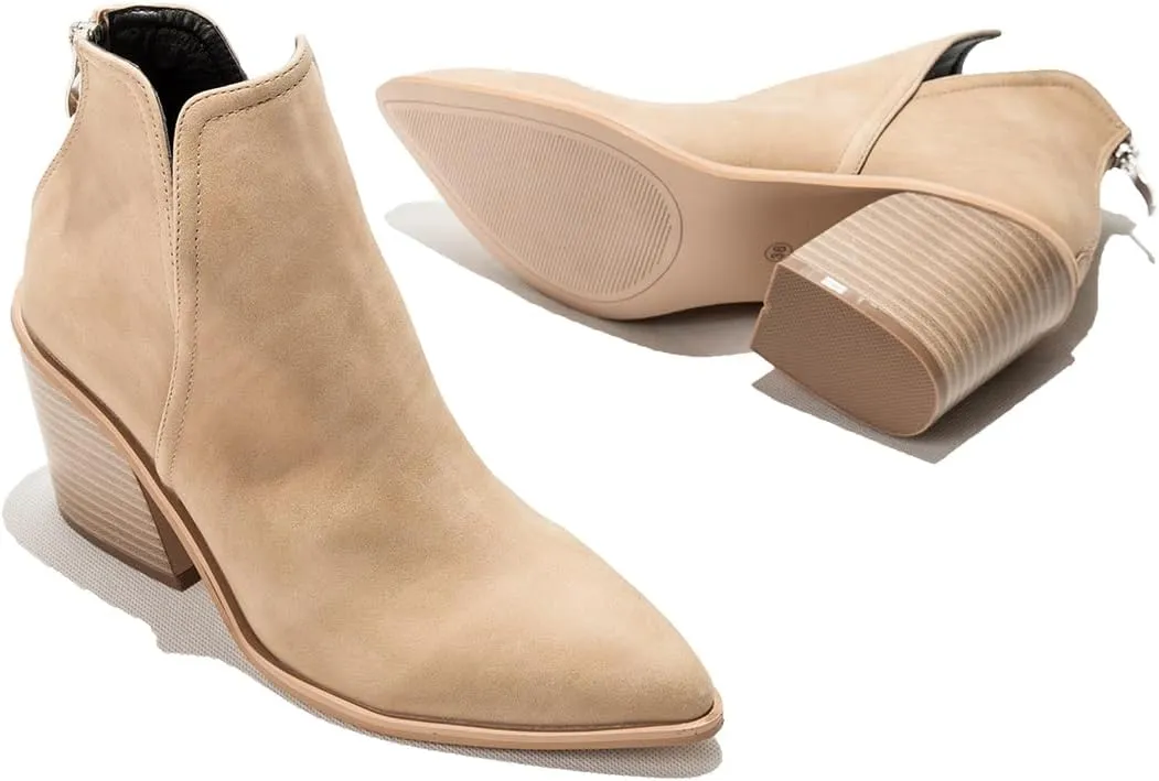 Women's Retro Elastic Chelsea Ankle Boots Chunky Heel Pointed Toe Fall Winter Booties Faux Leather Zipper Short Boot Party Work Jeans Dress Shoes