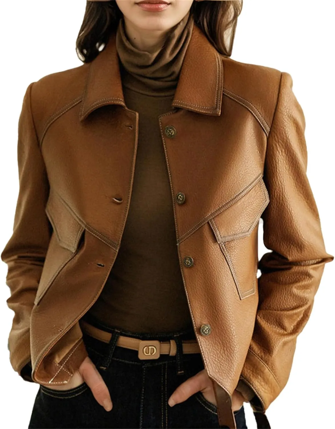Women's Retro Faux Leather Shirt Jackets Cropped Button Down Western Shackets Country Concert Outfits Lapel Coats