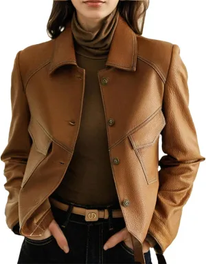 Women's Retro Faux Leather Shirt Jackets Cropped Button Down Western Shackets Country Concert Outfits Lapel Coats