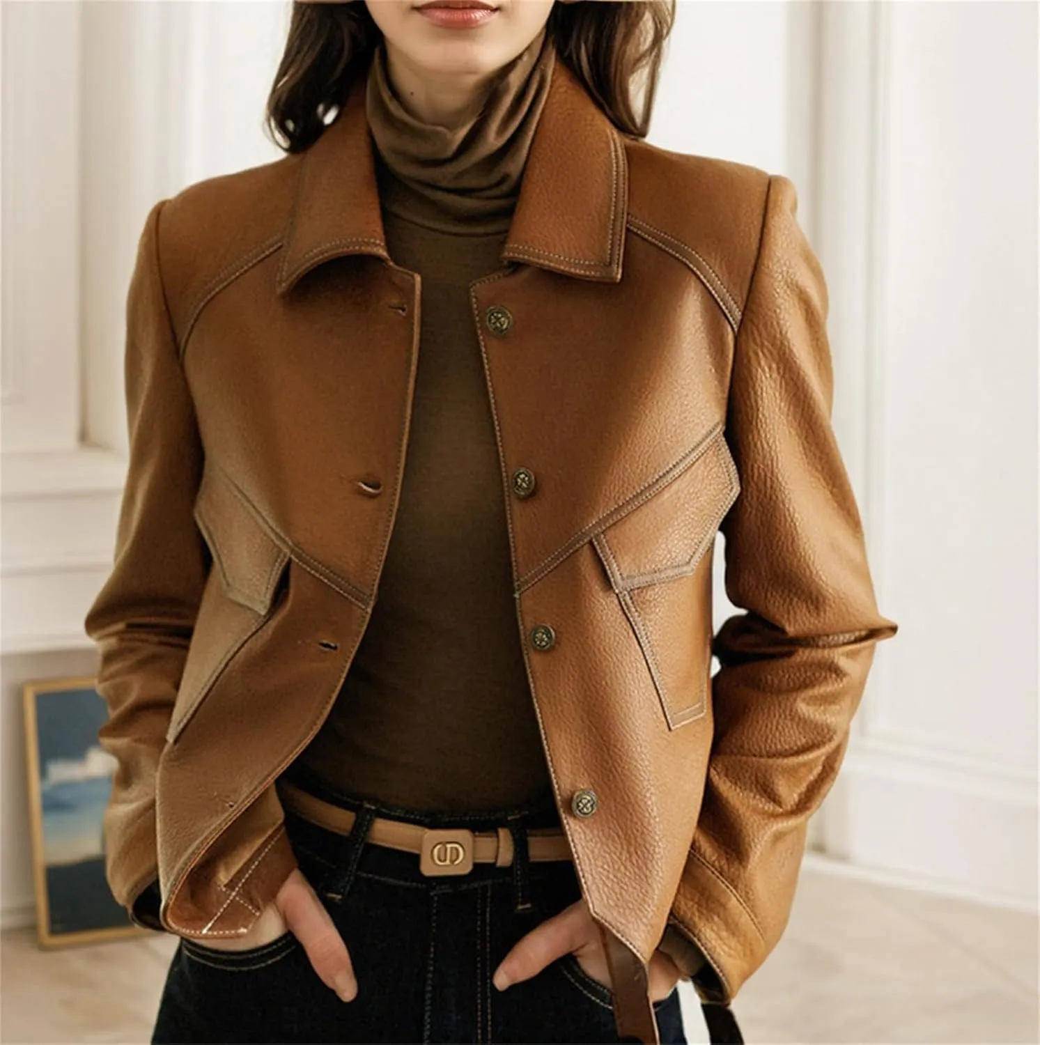 Women's Retro Faux Leather Shirt Jackets Cropped Button Down Western Shackets Country Concert Outfits Lapel Coats