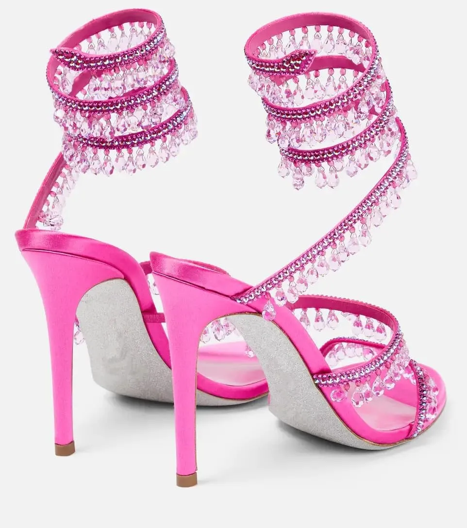 Women's Rhinestone Tassel Strappy Wrap Stiletto Heel Sandals Colorful Crystals Twist Open Round Toe Lace up Heeled Sandals Dress Wedding Party Pumps Shoes