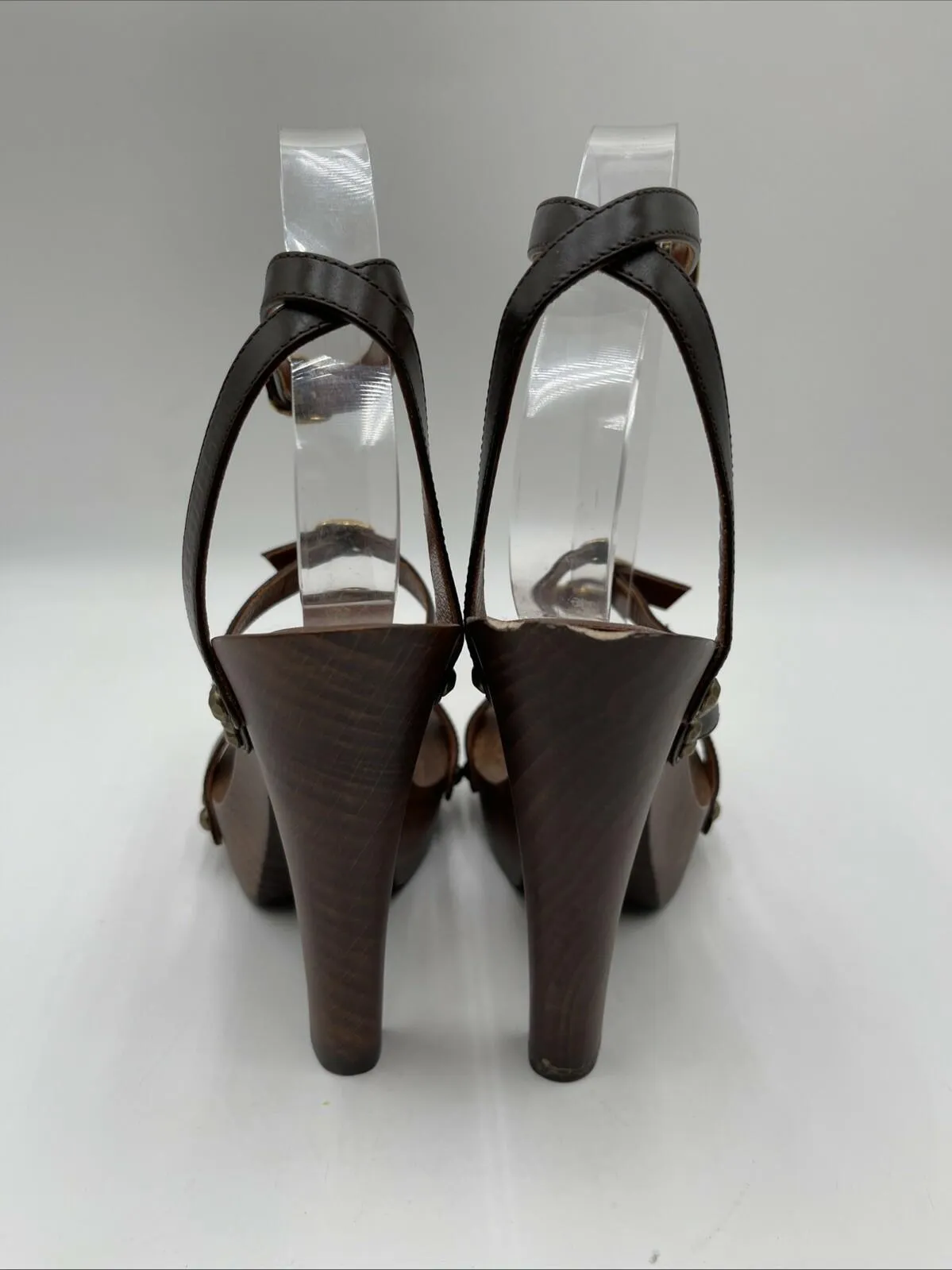 Women’s Saint Laurent Joan Strappy Wooden Platform Sandals Brown Size 38 - Very Good