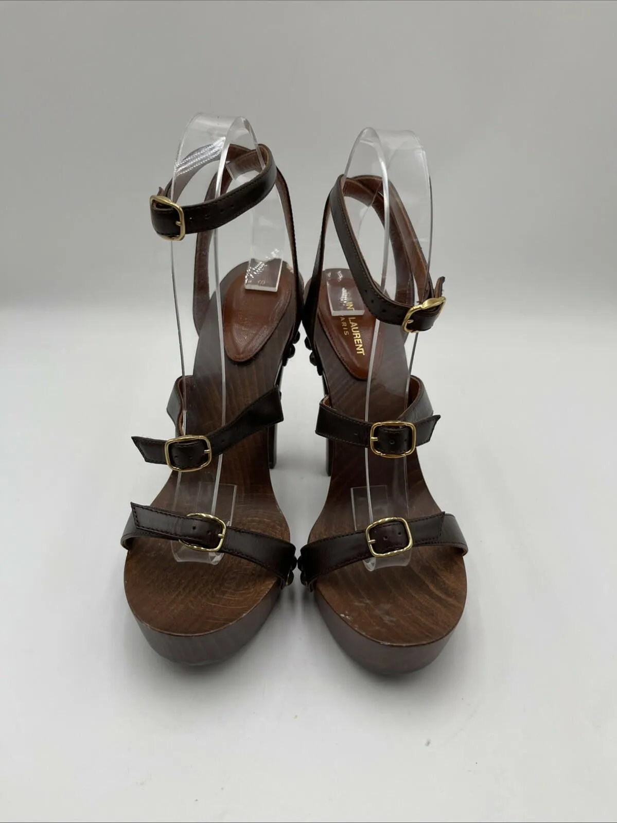 Women’s Saint Laurent Joan Strappy Wooden Platform Sandals Brown Size 38 - Very Good