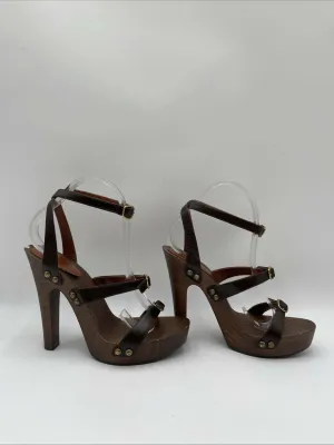 Women’s Saint Laurent Joan Strappy Wooden Platform Sandals Brown Size 38 - Very Good