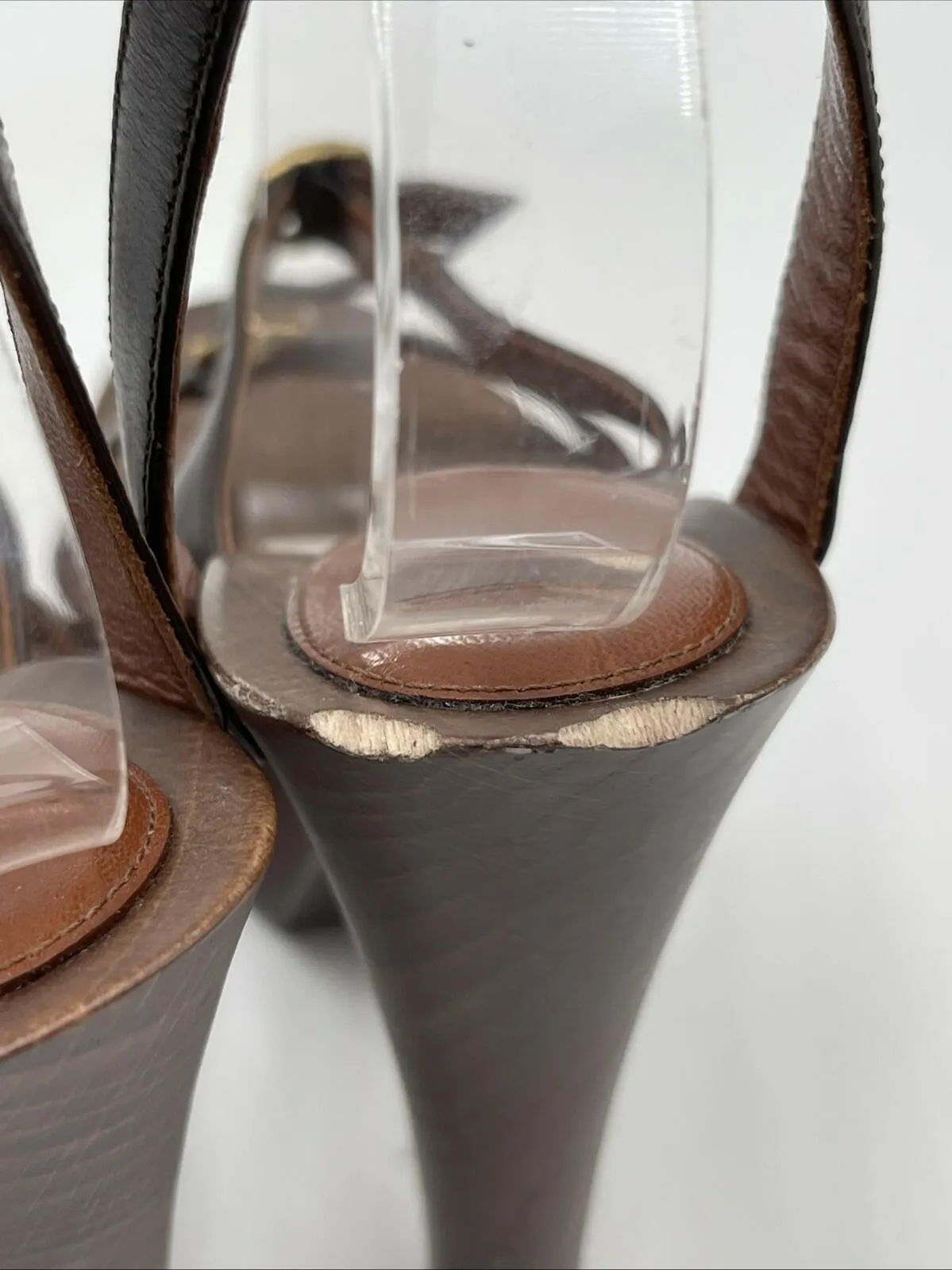 Women’s Saint Laurent Joan Strappy Wooden Platform Sandals Brown Size 38 - Very Good