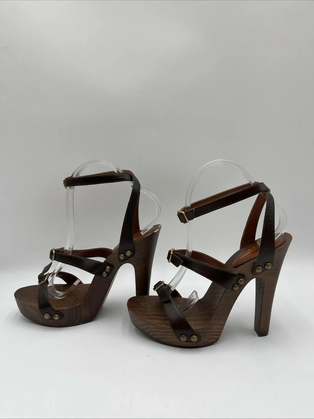 Women’s Saint Laurent Joan Strappy Wooden Platform Sandals Brown Size 38 - Very Good
