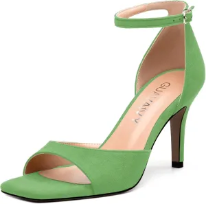Women's Sandals, High Stilettos Open Square Toe, Ankle Strap Solid Fashion Dress Shoes, Wedding Party Working Heeled Sandals