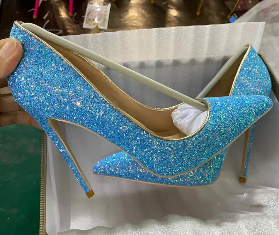 Women's sequined high-heeled very high pointed high-heeled shoes