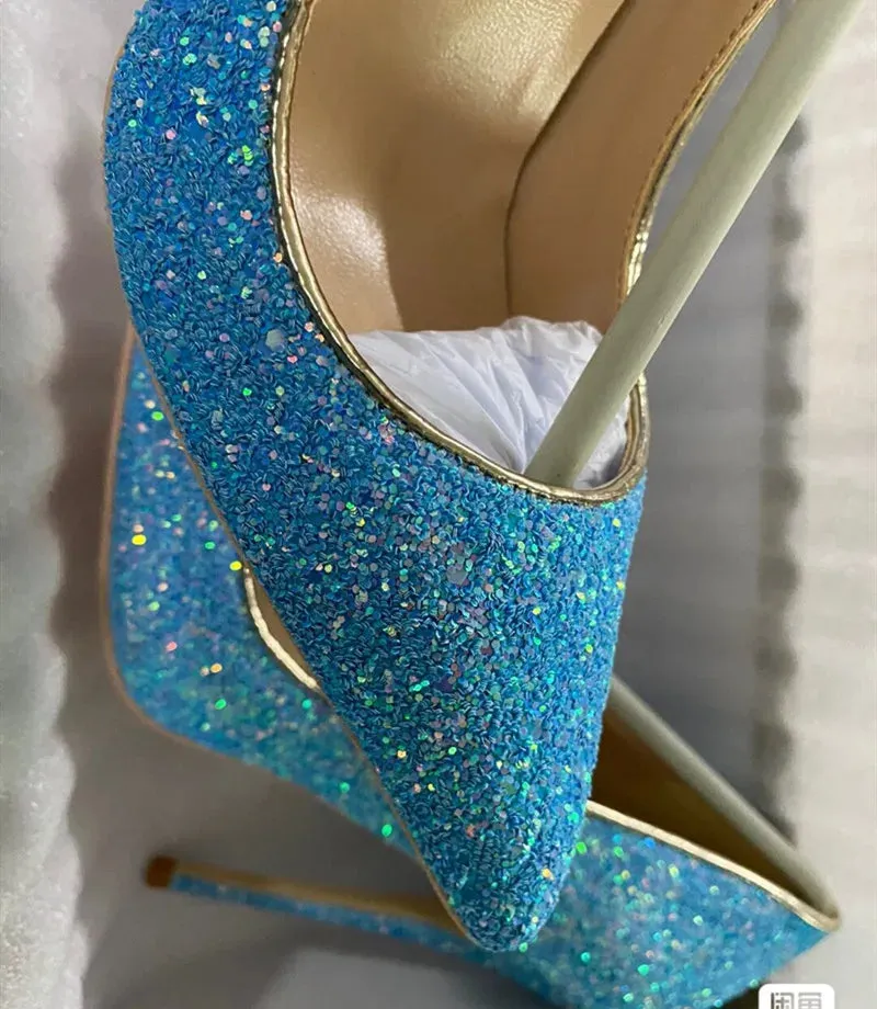 Women's sequined high-heeled very high pointed high-heeled shoes
