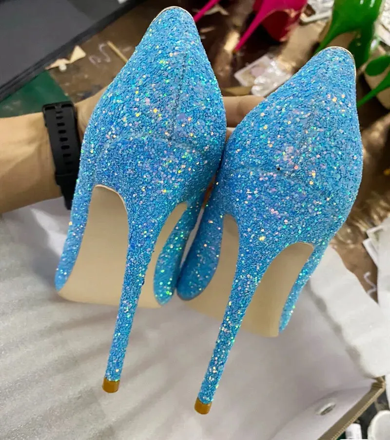 Women's sequined high-heeled very high pointed high-heeled shoes