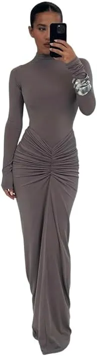 Womens Sexy Maxi Dress Long Sleeve Ruched Bodycon Turtleneck Club Party Casual Wedding Dresses