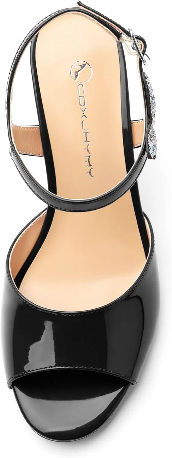 Women's Sexy Stiletto High Kitten Patent Heels Ankle Strap Buckle Round Peep Open Toe Sandals Elegant Dress Office Party Wedding Shoes For Women 3.3 Inch