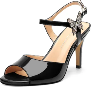 Women's Sexy Stiletto High Kitten Patent Heels Ankle Strap Buckle Round Peep Open Toe Sandals Elegant Dress Office Party Wedding Shoes For Women 3.3 Inch