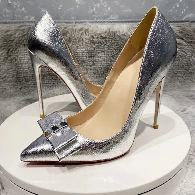 Women's Silver high heels bow, metal pointed high heels