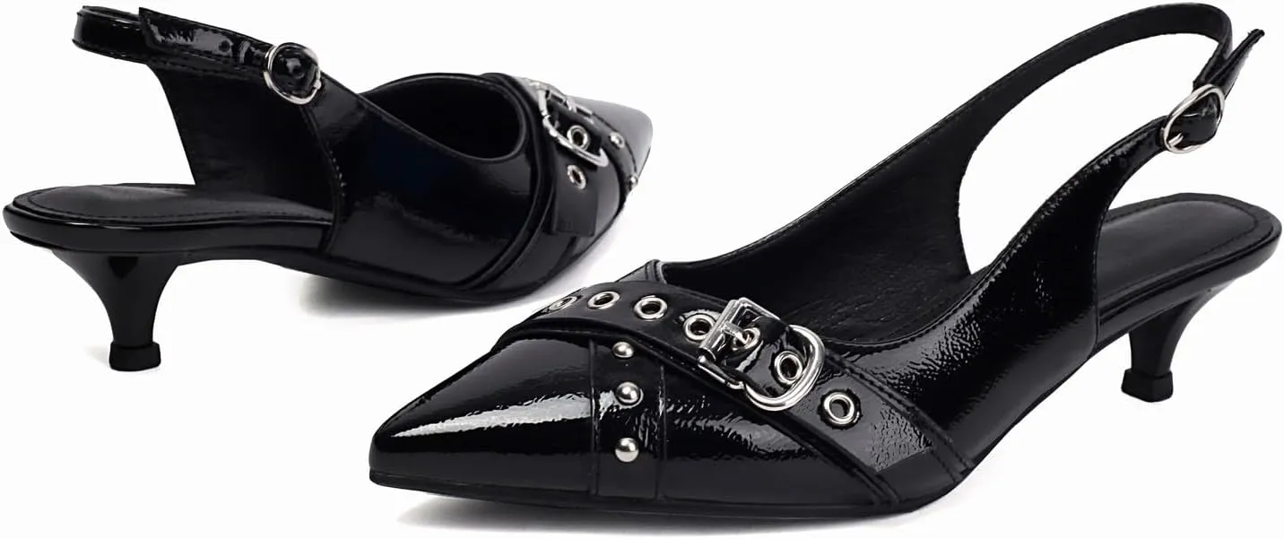 Women's Slingback Heels Pointed Toe Studded Low Kitten Heel Pumps Dress Shoes