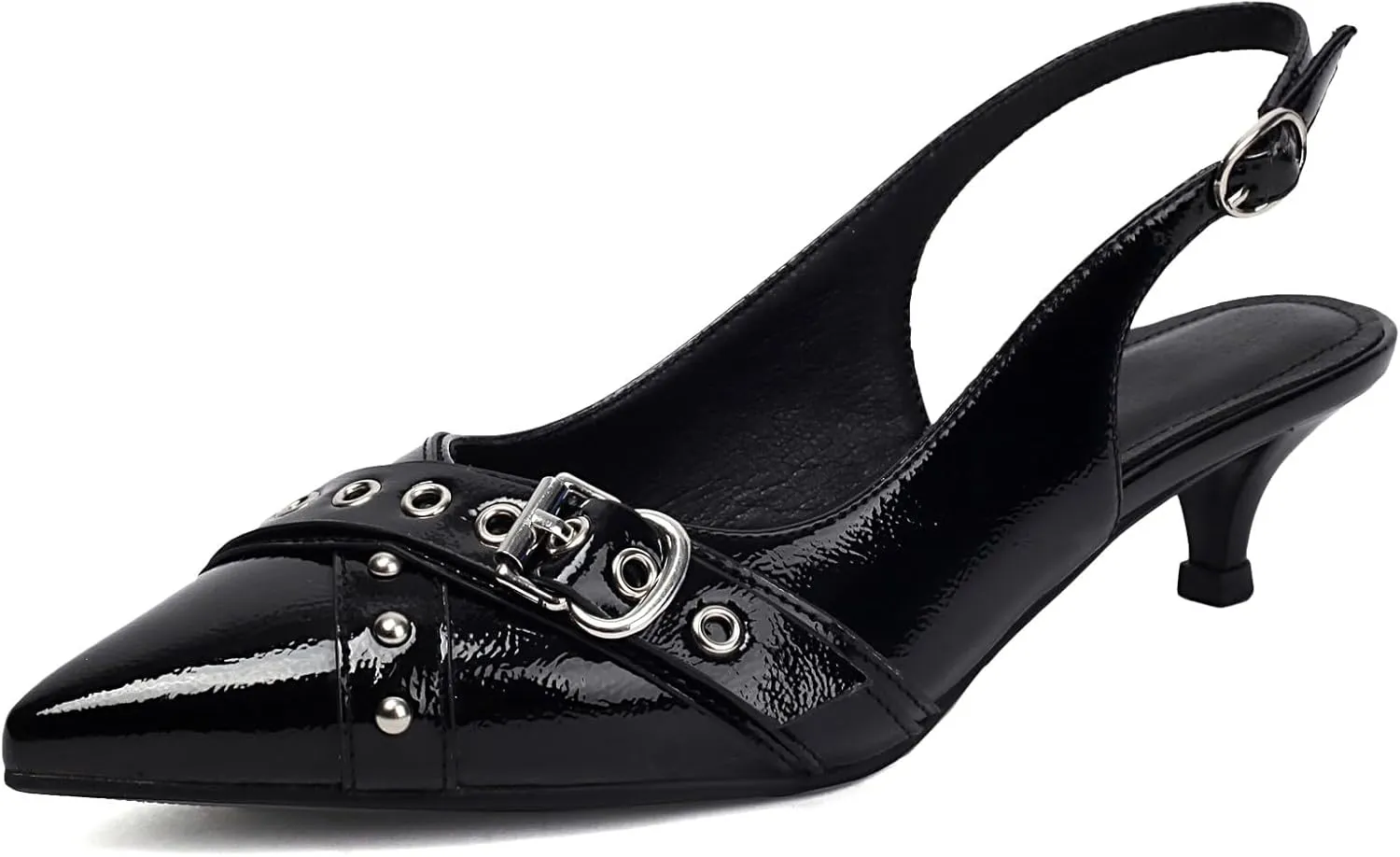 Women's Slingback Heels Pointed Toe Studded Low Kitten Heel Pumps Dress Shoes