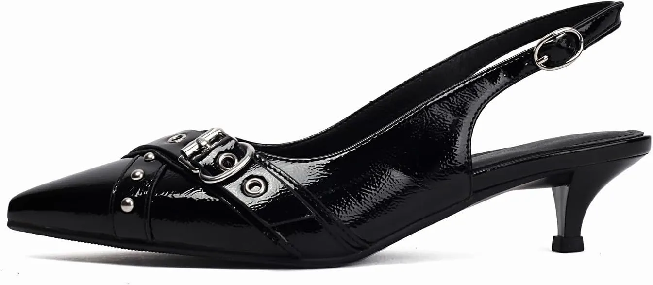 Women's Slingback Heels Pointed Toe Studded Low Kitten Heel Pumps Dress Shoes