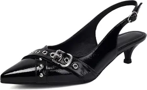 Women's Slingback Heels Pointed Toe Studded Low Kitten Heel Pumps Dress Shoes