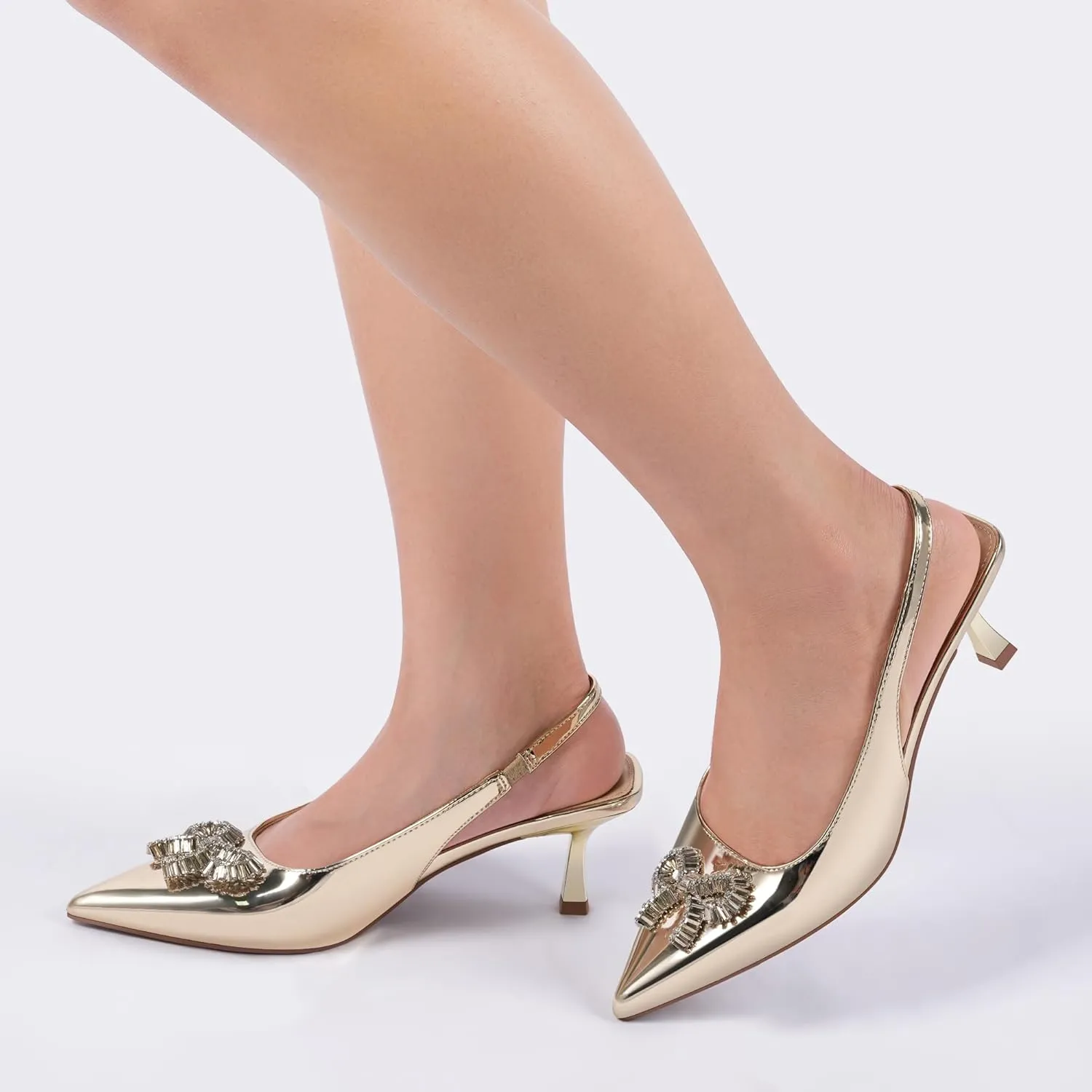 Women's Slingback Kitten Heels with Sparkly Rhinestone Bow - 2.4'' Inches Pointed Toe Pumps for Wedding Party Dress