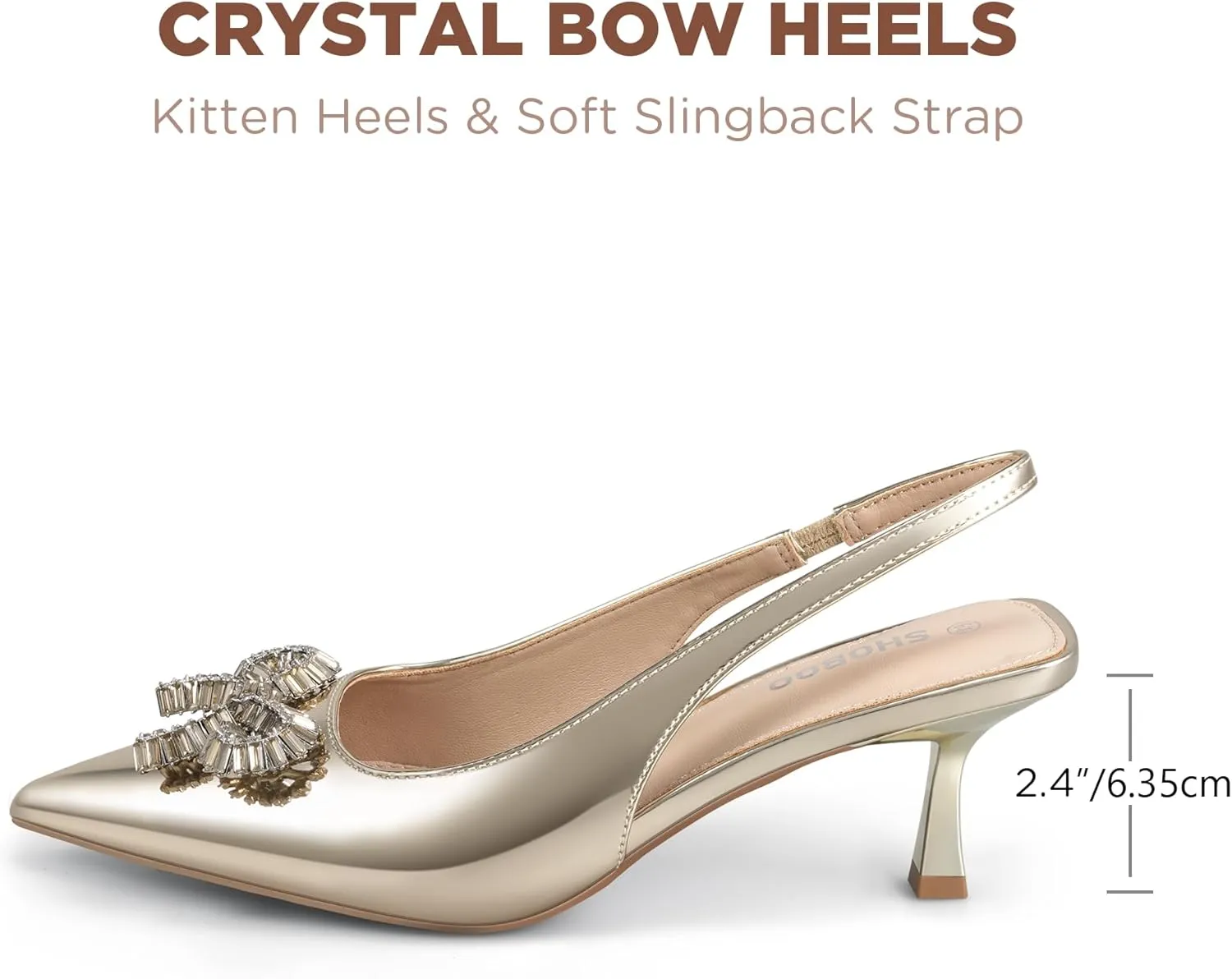 Women's Slingback Kitten Heels with Sparkly Rhinestone Bow - 2.4'' Inches Pointed Toe Pumps for Wedding Party Dress