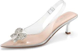 Women's Slingback Kitten Heels with Sparkly Rhinestone Bow - 2.4'' Inches Pointed Toe Pumps for Wedding Party Dress