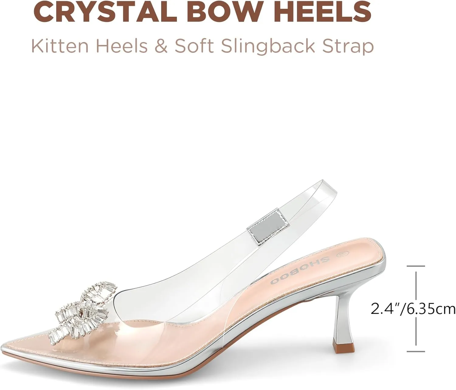 Women's Slingback Kitten Heels with Sparkly Rhinestone Bow - 2.4'' Inches Pointed Toe Pumps for Wedding Party Dress
