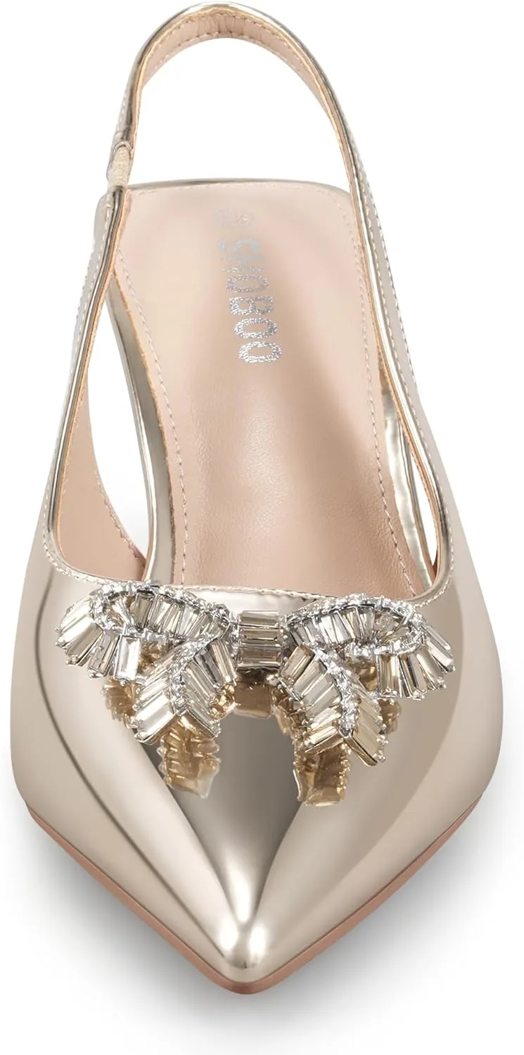 Women's Slingback Kitten Heels with Sparkly Rhinestone Bow - 2.4'' Inches Pointed Toe Pumps for Wedding Party Dress