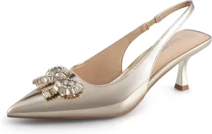 Women's Slingback Kitten Heels with Sparkly Rhinestone Bow - 2.4'' Inches Pointed Toe Pumps for Wedding Party Dress