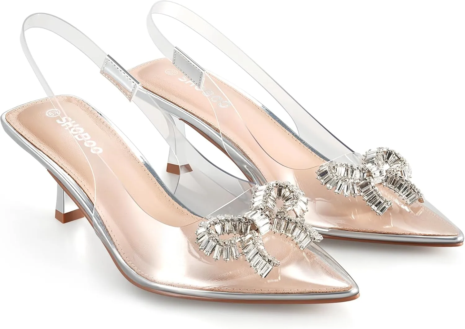 Women's Slingback Kitten Heels with Sparkly Rhinestone Bow - 2.4'' Inches Pointed Toe Pumps for Wedding Party Dress
