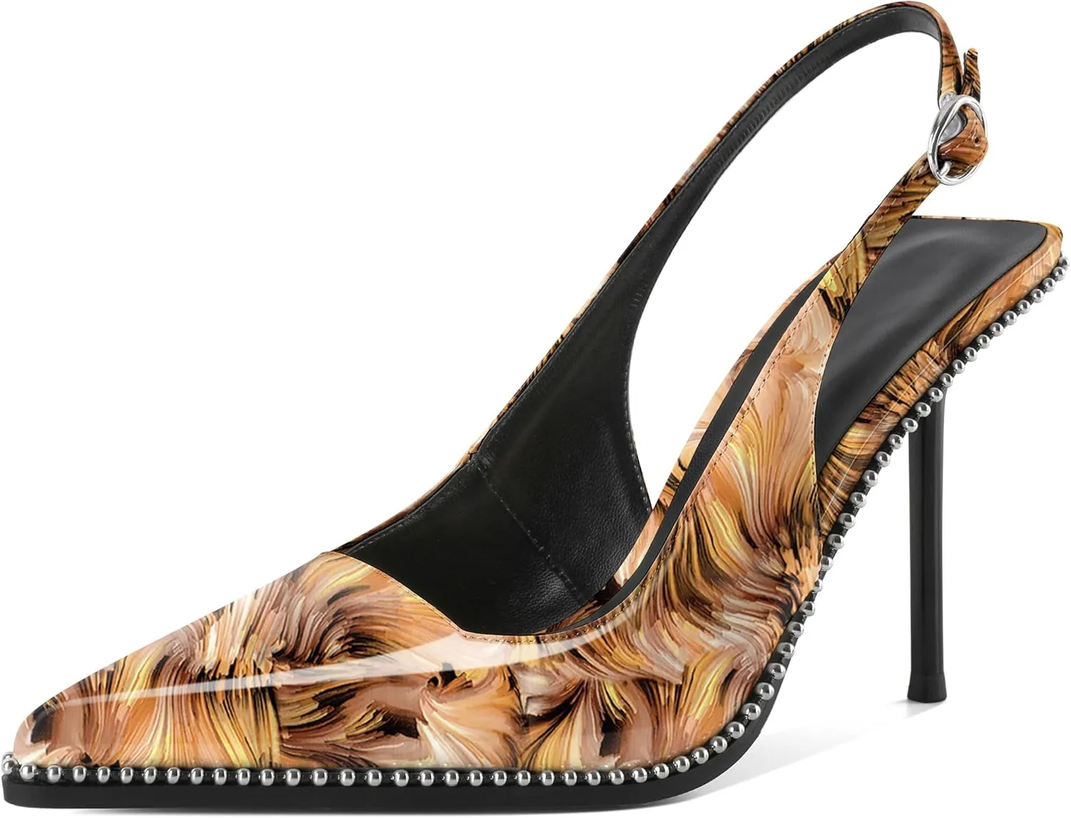 Women's Slingback Pumps Pointed Toe High Stiletto Heels Backless Stretch Beaded Heels 4.2 Inch Dress Pumps Shoes