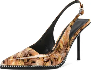 Women's Slingback Pumps Pointed Toe High Stiletto Heels Backless Stretch Beaded Heels 4.2 Inch Dress Pumps Shoes