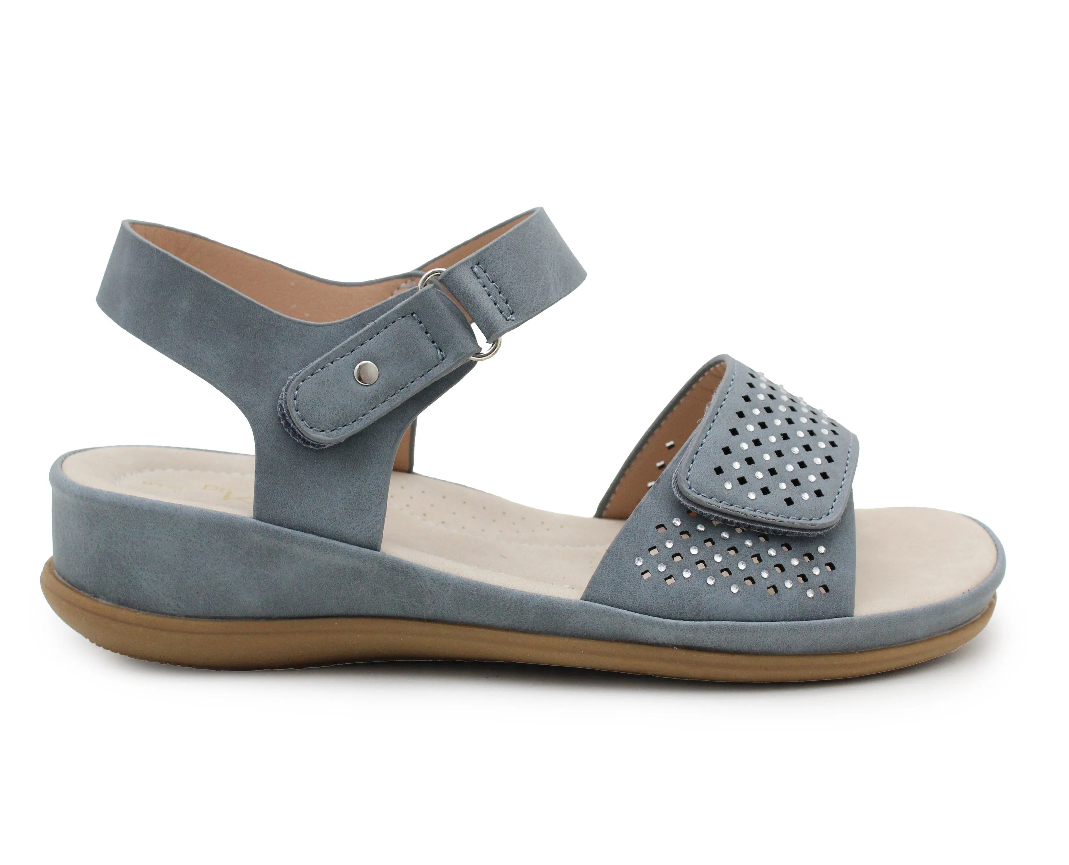 Womens Slingback Sandals Blue Twin Touch Fastening Ladies Low Wedge Heel Open Toe Fashion Summer Sandals