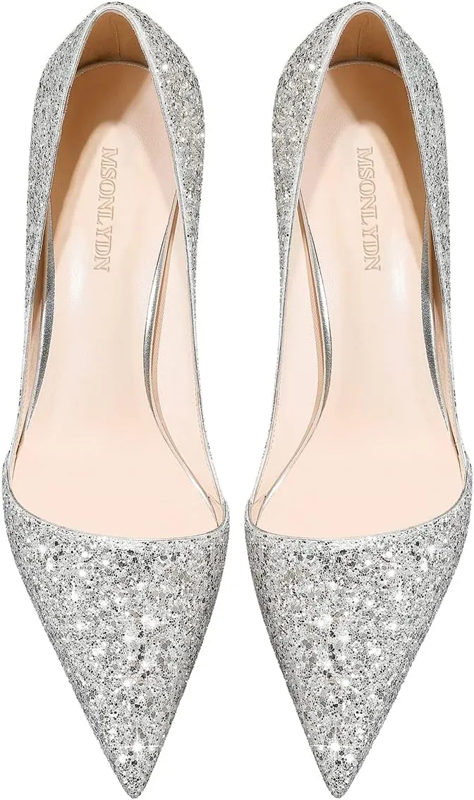 Women's Sparkly High Heels Pointed Toe Stiletto Heels 3-inch Slip On Dressy Pumps Shoes for Wedding Party Prom