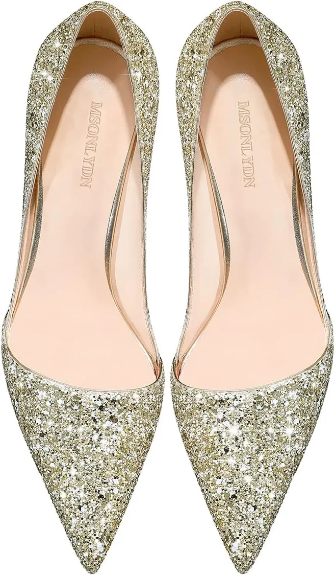 Women's Sparkly High Heels Pointed Toe Stiletto Heels 3-inch Slip On Dressy Pumps Shoes for Wedding Party Prom
