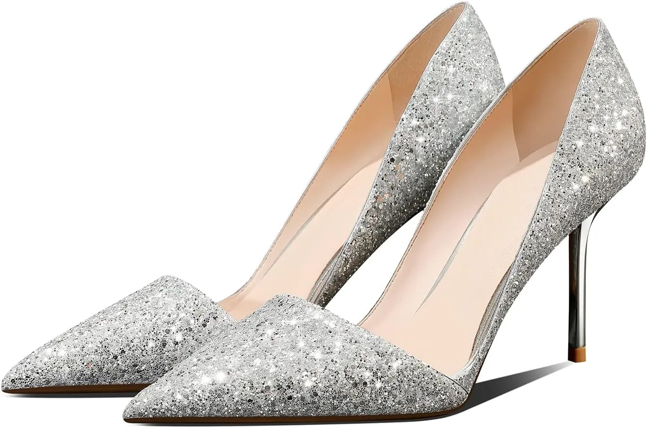 Women's Sparkly High Heels Pointed Toe Stiletto Heels 3-inch Slip On Dressy Pumps Shoes for Wedding Party Prom