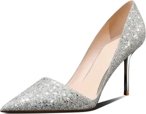 Women's Sparkly High Heels Pointed Toe Stiletto Heels 3-inch Slip On Dressy Pumps Shoes for Wedding Party Prom