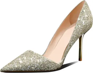 Women's Sparkly High Heels Pointed Toe Stiletto Heels 3-inch Slip On Dressy Pumps Shoes for Wedding Party Prom