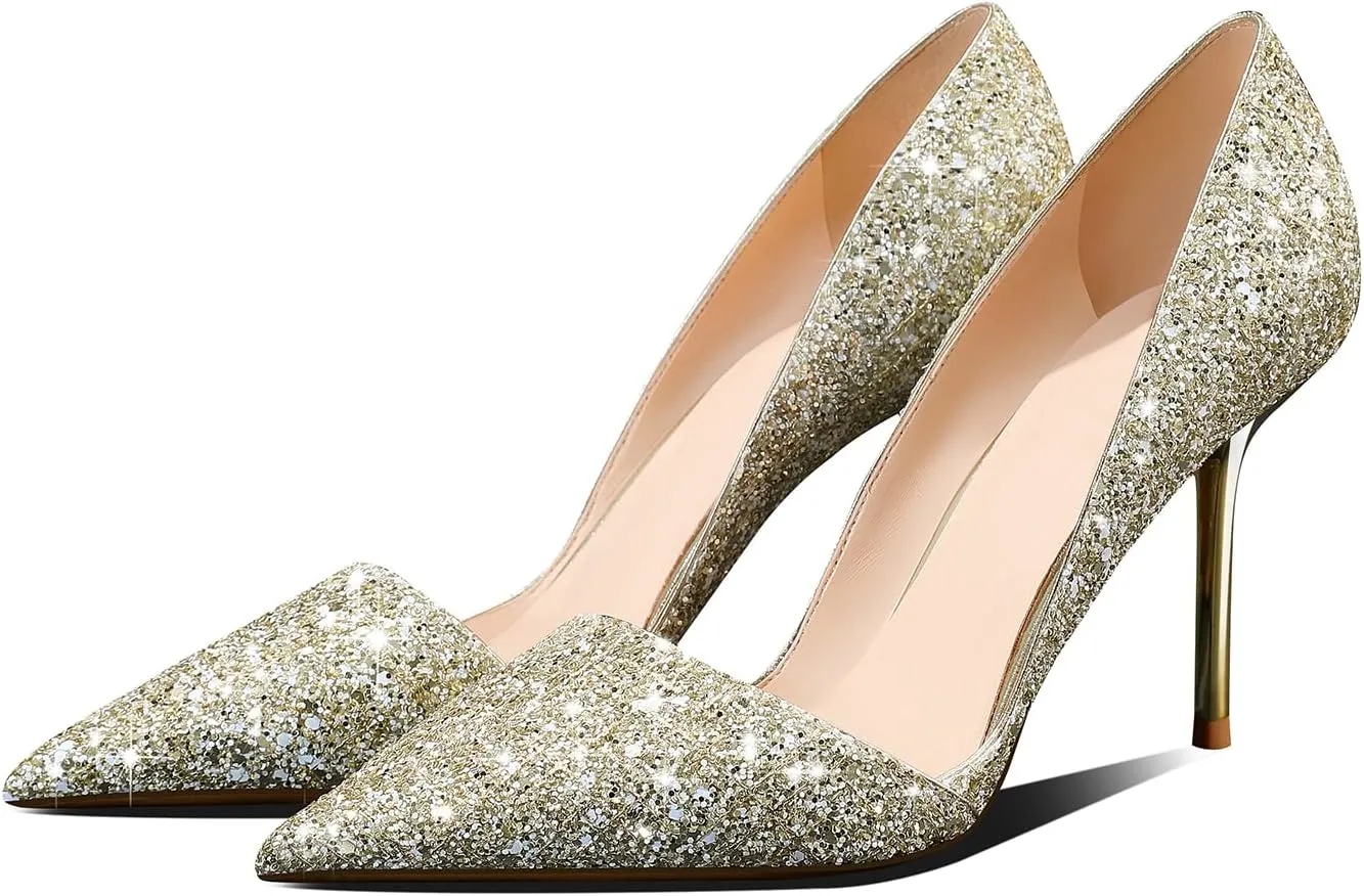 Women's Sparkly High Heels Pointed Toe Stiletto Heels 3-inch Slip On Dressy Pumps Shoes for Wedding Party Prom