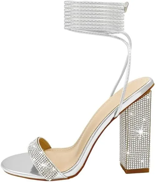 Women's Sparkly Rhinestones Sandals for Women Ankle Strappy Chunky Block Heels Sandals