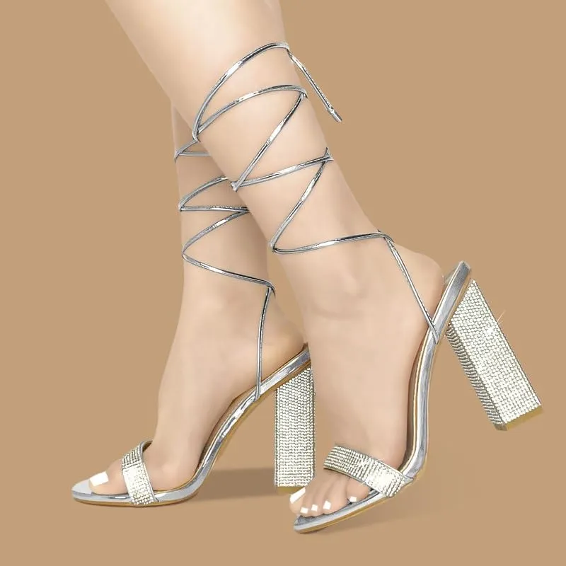 Women's Sparkly Rhinestones Sandals for Women Ankle Strappy Chunky Block Heels Sandals