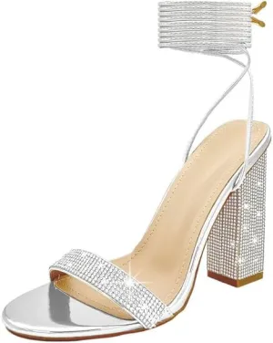 Women's Sparkly Rhinestones Sandals for Women Ankle Strappy Chunky Block Heels Sandals