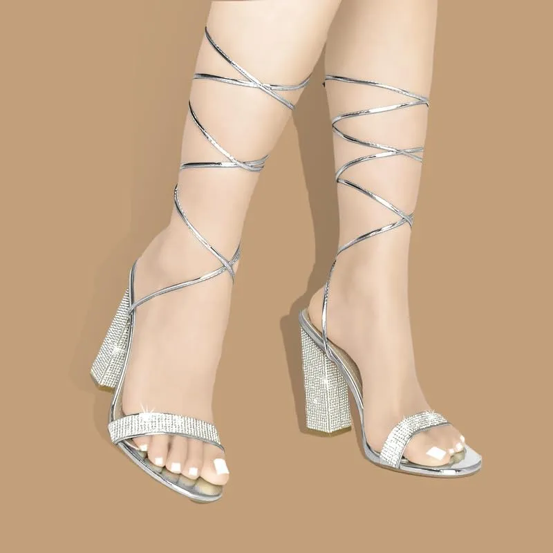 Women's Sparkly Rhinestones Sandals for Women Ankle Strappy Chunky Block Heels Sandals