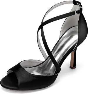 Women's Stiletto Heel Sandal Open Toe Back Heel Zip Ankle Strap Satin Wedding Evening Party Shoes with Diamante