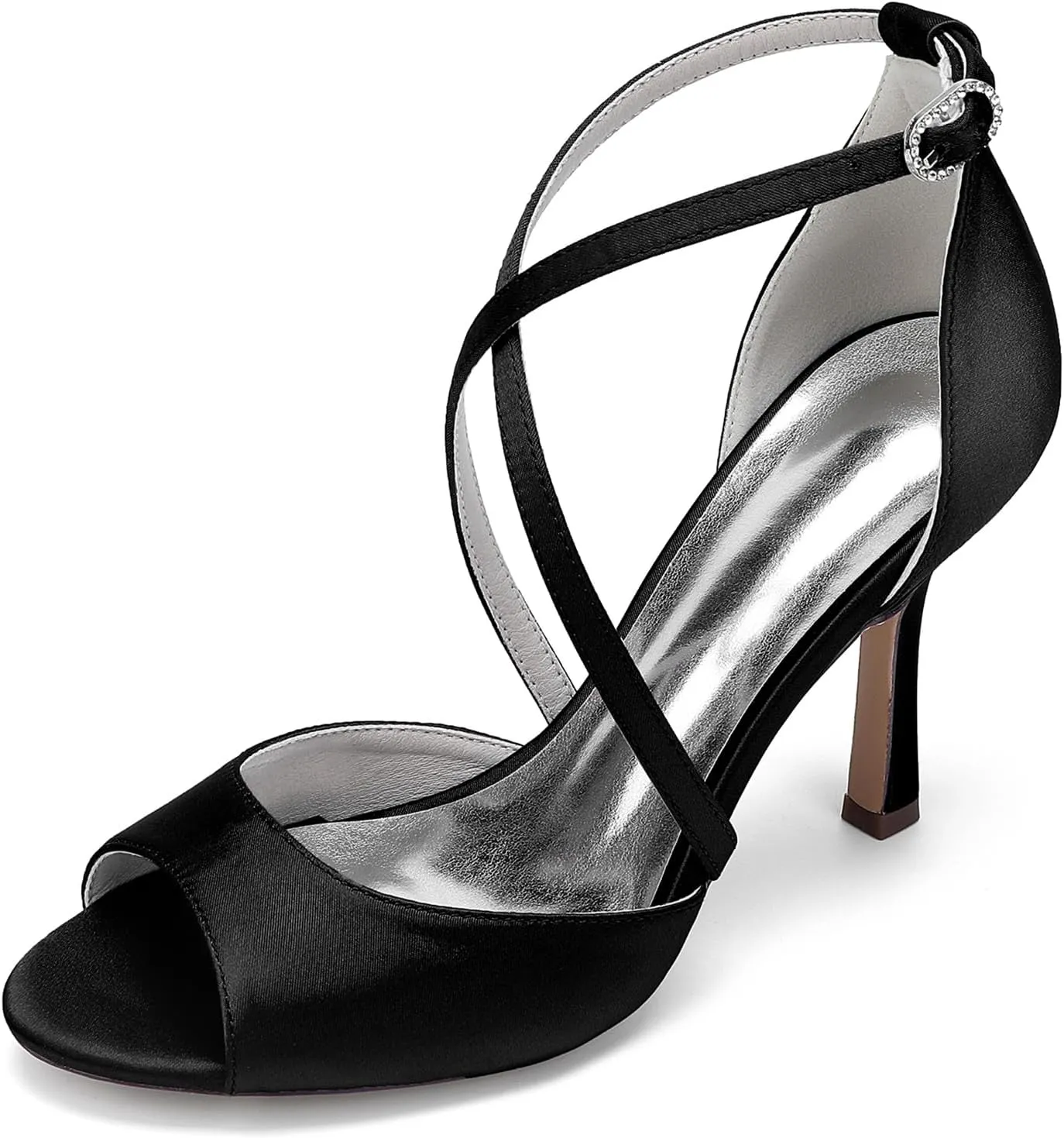 Women's Stiletto Heel Sandal Open Toe Back Heel Zip Ankle Strap Satin Wedding Evening Party Shoes with Diamante
